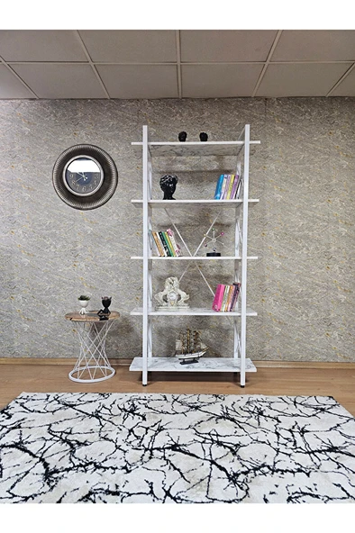 Çıkıntılı Beyaz Boyalı Kitaplık - 5 Raflı Suntalem Lüks Kitaplık Beyaz Mermer - 2