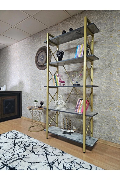 Çıkıntılı Gold Boyalı Kitaplık - 5 Raflı Suntalem Lüks Kitaplık Marmol