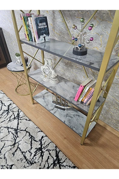 Gold Boyalı Kitaplık - 5 Raflı Suntalem Lüks Kitaplık Marmol - 4