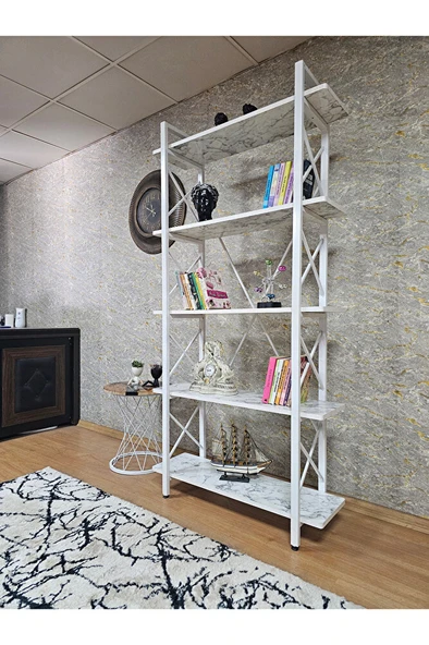 Çıkıntılı Beyaz Boyalı Kitaplık - 5 Raflı Suntalem Lüks Kitaplık Beyaz Mermer