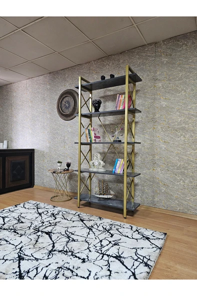 Çıkıntılı Gold Boyalı Kitaplık - 5 Raflı Suntalem Lüks Kitaplık Aris Gri - 3