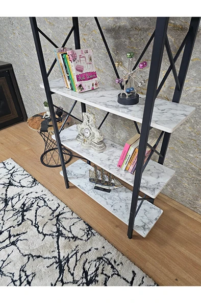 Çıkıntılı Siyah Boyalı Kitaplık - 5 Raflı Suntalem Lüks Kitaplık Beyaz Mermer - 4