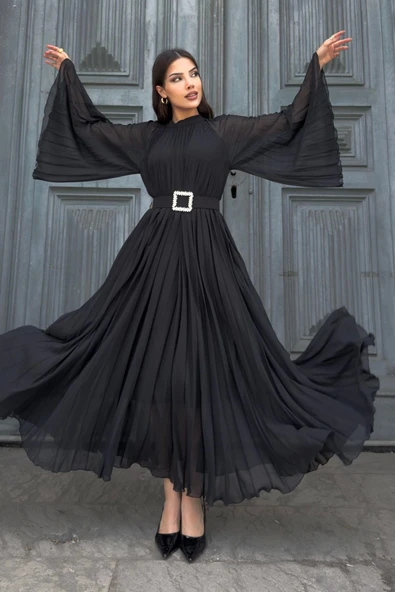 Plise Detaylı Kemerli Rahat Form Abiye Elbise 2183-Siyah - Resim 5