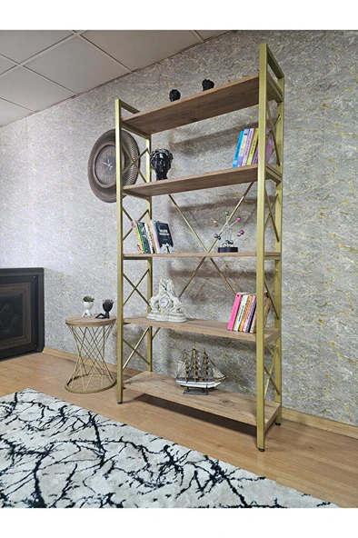 Gold Boyalı Kitaplık - 5 Raflı Suntalem Lüks Kitaplık Atlas Çam