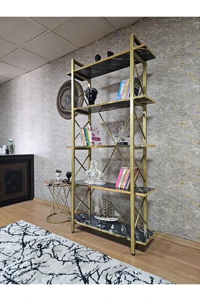 Çıkıntılı Gold Boyalı Kitaplık - 5 Raflı Suntalem Lüks Kitaplık Luand Gold Cumba