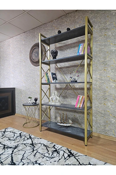 Gold Boyalı Kitaplık - 5 Raflı Suntalem Lüks Kitaplık Aris Gri