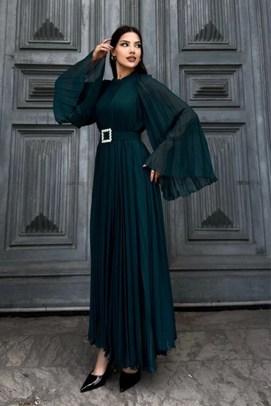 Plise Detaylı Kemerli Rahat Form Abiye Elbise 2183-Yeşil - Resim 2