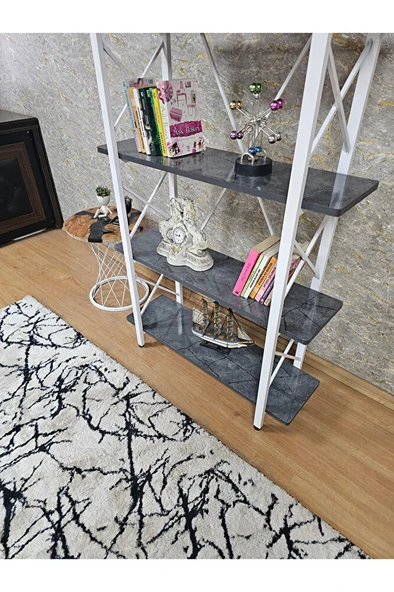 Çıkıntılı Beyaz Boyalı Kitaplık - 5 Raflı Suntalem Lüks Kitaplık Aris Gri - 4