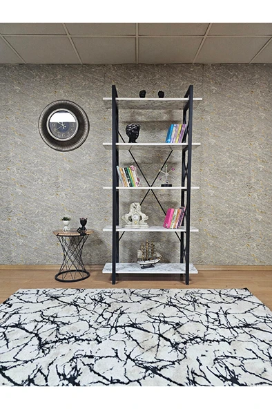 Çıkıntılı Siyah Boyalı Kitaplık - 5 Raflı Suntalem Lüks Kitaplık Beyaz Mermer - 2