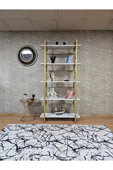 Çıkıntılı Gold Boyalı Kitaplık - 5 Raflı Suntalem Lüks Kitaplık Beyaz Mermer - 2