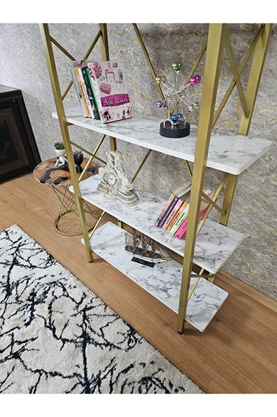 Çıkıntılı Gold Boyalı Kitaplık - 5 Raflı Suntalem Lüks Kitaplık Beyaz Mermer - 4