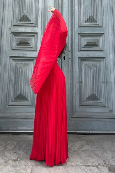 Kruvaze Yaka Yarasa Kol Pliseli Abiye Elbise 2235-Kırmızı - Resim 4