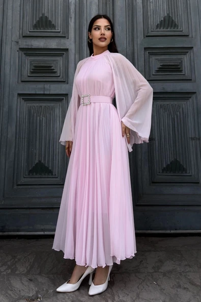 Plise Detaylı Kemerli Rahat Form Abiye Elbise 2183-Pembe - Resim 4