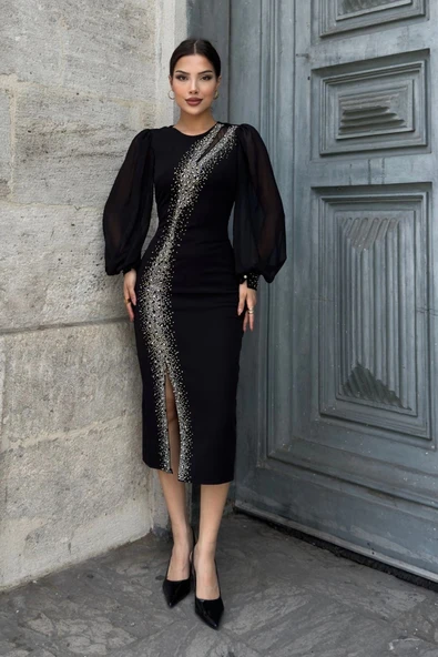 Yaka Detaylı Taş ve İnci Süslemeli Abiye Elbise 2204-Siyah - Resim 4