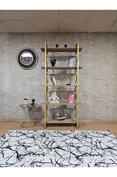 Çıkıntılı Gold Boyalı Kitaplık - 5 Raflı Suntalem Lüks Kitaplık Atlas Çam - 2