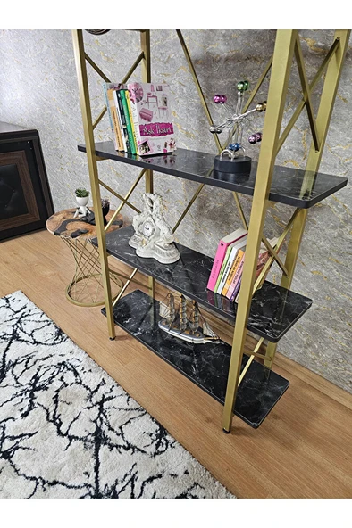 Çıkıntılı Gold Boyalı Kitaplık - 5 Raflı Suntalem Lüks Kitaplık Siyah Mermer - 4