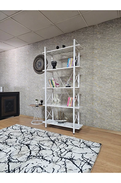 Çıkıntılı Beyaz Boyalı Kitaplık - 5 Raflı Suntalem Lüks Kitaplık Beyaz Mermer - 3
