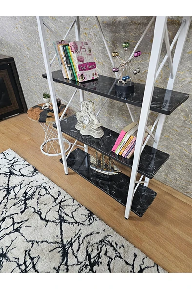 Çıkıntılı Beyaz Boyalı Kitaplık - 5 Raflı Suntalem Lüks Kitaplık Siyah Mermer - 4