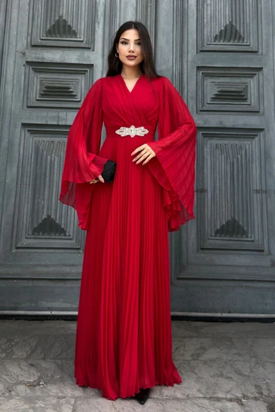 Kruvaze Yaka Yarasa Kol Pliseli Abiye Elbise 2235-Kırmızı - Resim 2