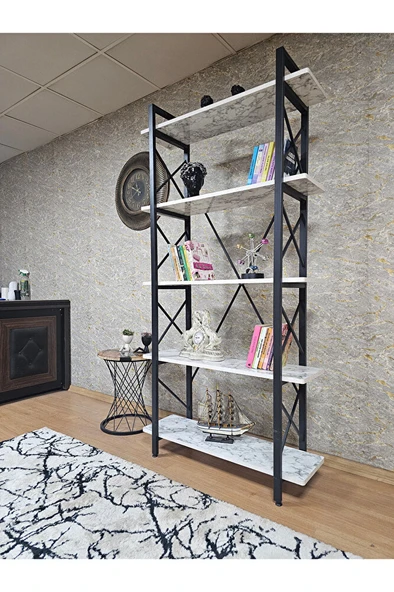 Çıkıntılı Siyah Boyalı Kitaplık - 5 Raflı Suntalem Lüks Kitaplık Beyaz Mermer