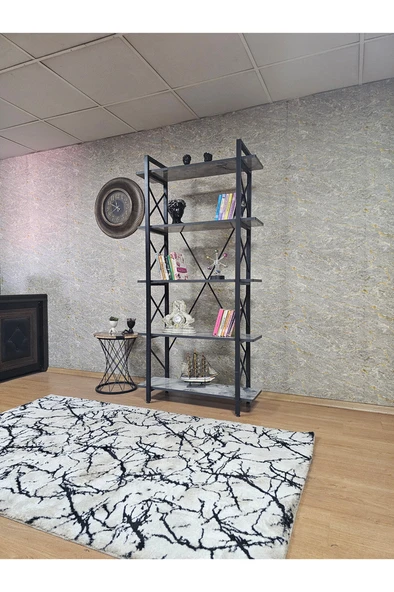 Çıkıntılı Siyah Boyalı Kitaplık - 5 Raflı Suntalem Lüks Kitaplık Marmol - 3