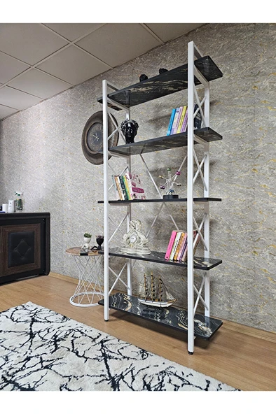 Çıkıntılı Beyaz Boyalı Kitaplık - 5 Raflı Suntalem Lüks Kitaplık Luanda