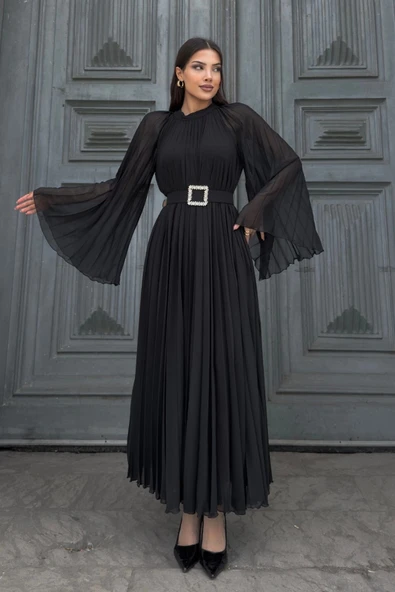 Plise Detaylı Kemerli Rahat Form Abiye Elbise 2183-Siyah ürün görseli