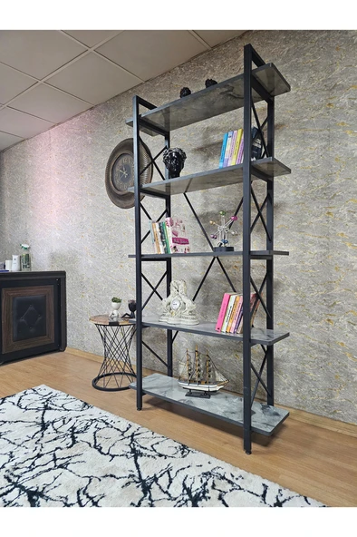 Çıkıntılı Siyah Boyalı Kitaplık - 5 Raflı Suntalem Lüks Kitaplık Marmol