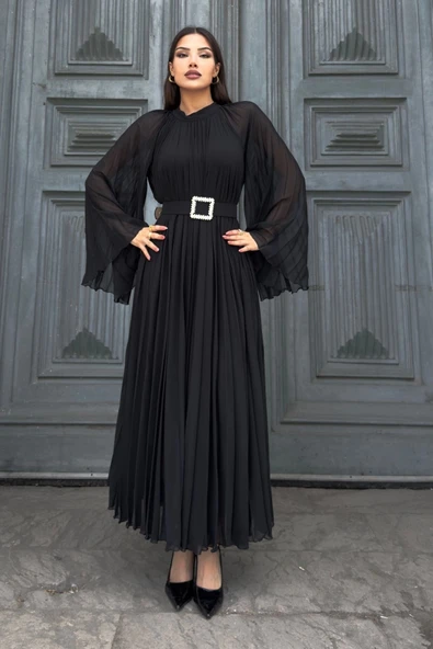 Plise Detaylı Kemerli Rahat Form Abiye Elbise 2183-Siyah - Resim 4
