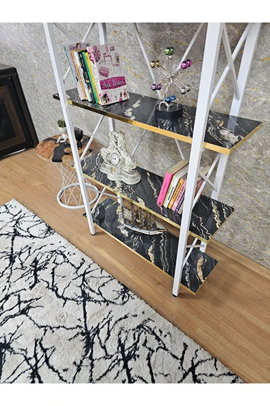 Çıkıntılı Beyaz Boyalı Kitaplık - 5 Raflı Suntalem Lüks Kitaplık Luanda Gold Cumbalı - 4