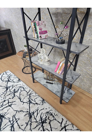 Çıkıntılı Siyah Boyalı Kitaplık - 5 Raflı Suntalem Lüks Kitaplık Marmol - 4