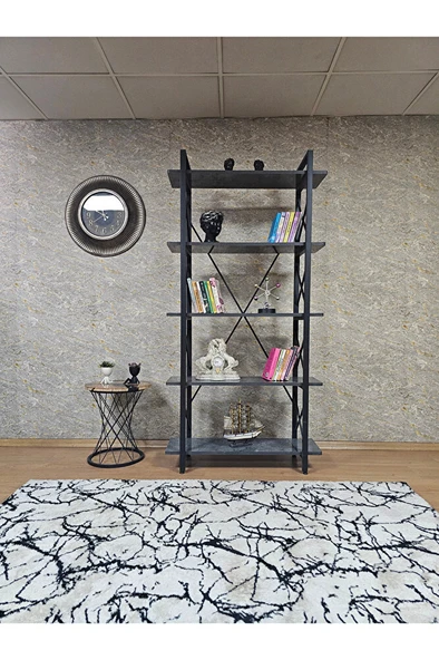 Çıkıntılı Siyah Boyalı Kitaplık - 5 Raflı Suntalem Lüks Kitaplık Aris Gri - 2