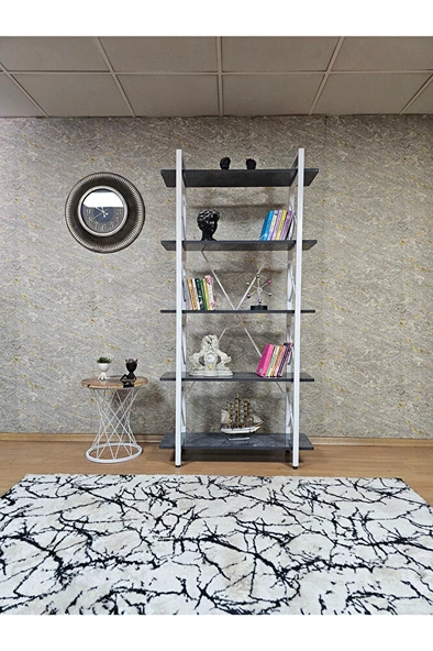 Çıkıntılı Beyaz Boyalı Kitaplık - 5 Raflı Suntalem Lüks Kitaplık Aris Gri - 2