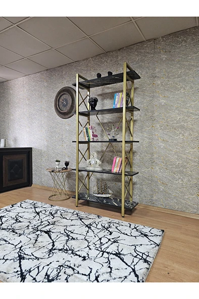 Çıkıntılı Gold Boyalı Kitaplık - 5 Raflı Suntalem Lüks Kitaplık Luanda - 3