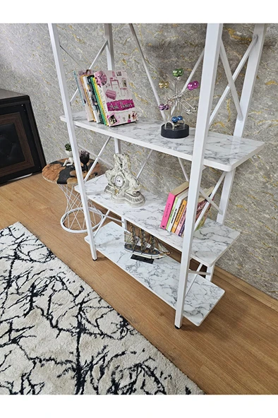 Çıkıntılı Beyaz Boyalı Kitaplık - 5 Raflı Suntalem Lüks Kitaplık Beyaz Mermer - 4