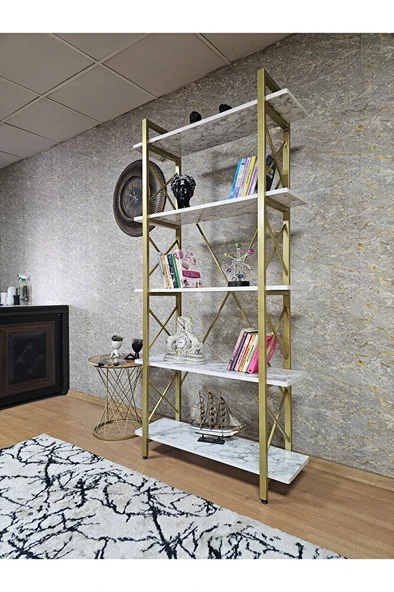 Çıkıntılı Gold Boyalı Kitaplık - 5 Raflı Suntalem Lüks Kitaplık Beyaz Mermer