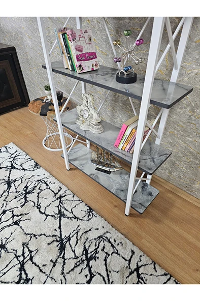 Çıkıntılı Beyaz Boyalı Kitaplık - 5 Raflı Suntalem Lüks Kitaplık Marmol - 4