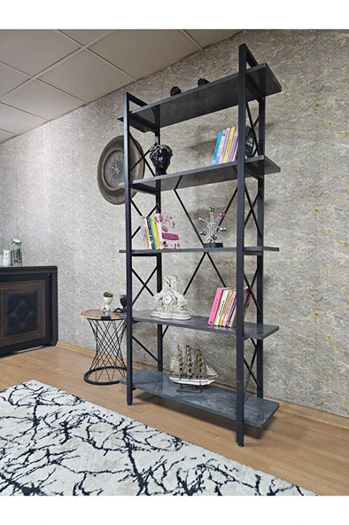 Çıkıntılı Siyah Boyalı Kitaplık - 5 Raflı Suntalem Lüks Kitaplık Aris Gri