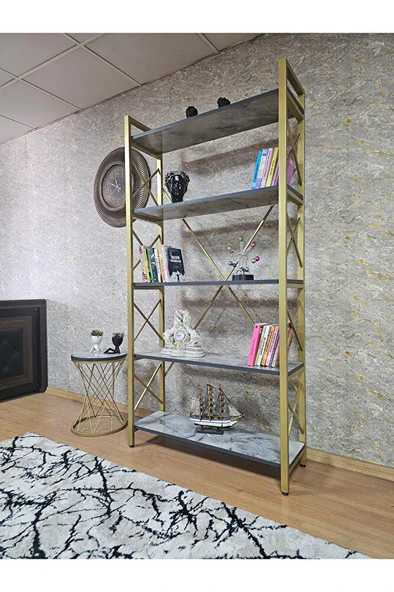 Gold Boyalı Kitaplık - 5 Raflı Suntalem Lüks Kitaplık Marmol