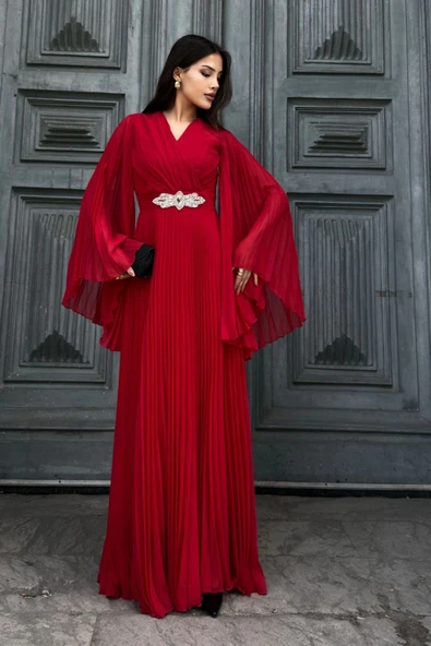 Kruvaze Yaka Yarasa Kol Pliseli Abiye Elbise 2235-Kırmızı - Resim 3