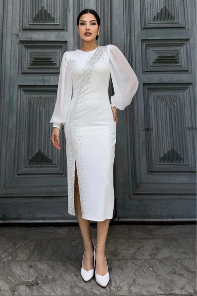 Yaka Detaylı Taş ve İnci Süslemeli Abiye Elbise 2204-Beyaz ürün görseli 1