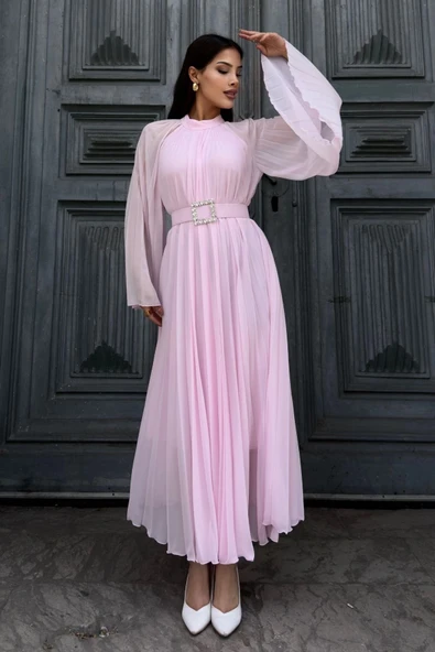 Plise Detaylı Kemerli Rahat Form Abiye Elbise 2183-Pembe ürün görseli