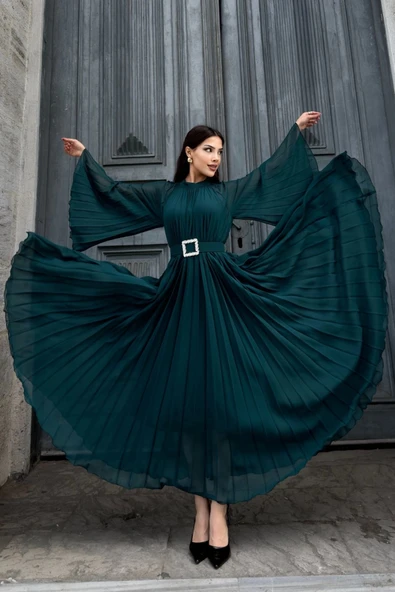 Plise Detaylı Kemerli Rahat Form Abiye Elbise 2183-Yeşil - Resim 4