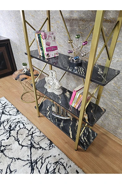 Çıkıntılı Gold Boyalı Kitaplık - 5 Raflı Suntalem Lüks Kitaplık Luanda - 4