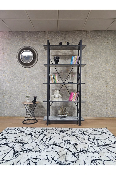 Çıkıntılı Siyah Boyalı Kitaplık - 5 Raflı Suntalem Lüks Kitaplık Marmol - 2