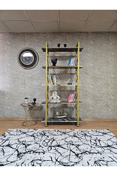 Çıkıntılı Gold Boyalı Kitaplık - 5 Raflı Suntalem Lüks Kitaplık Luand Gold Cumba - 2