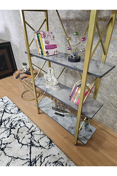 Çıkıntılı Gold Boyalı Kitaplık - 5 Raflı Suntalem Lüks Kitaplık Marmol - 4