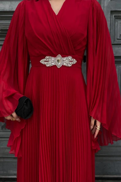 Kruvaze Yaka Yarasa Kol Pliseli Abiye Elbise 2235-Kırmızı - Resim 6