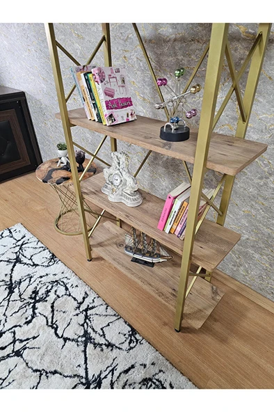 Çıkıntılı Gold Boyalı Kitaplık - 5 Raflı Suntalem Lüks Kitaplık Atlas Çam - 4