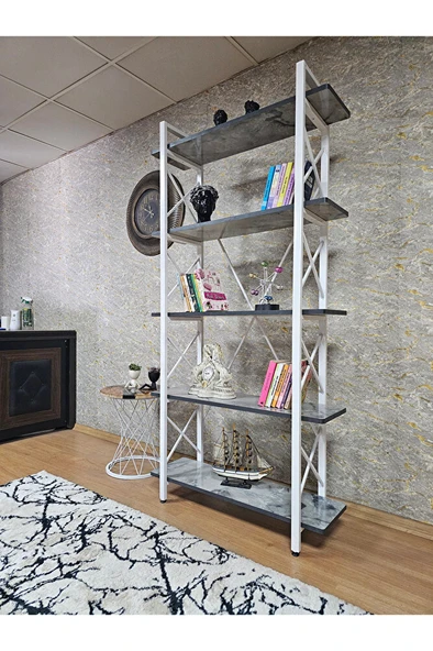 Çıkıntılı Beyaz Boyalı Kitaplık - 5 Raflı Suntalem Lüks Kitaplık Marmol